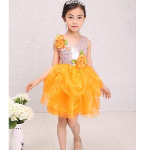 Orange fuchsia hot pink green sequined flower girls kids children performance jazz dance school play dresses outfits